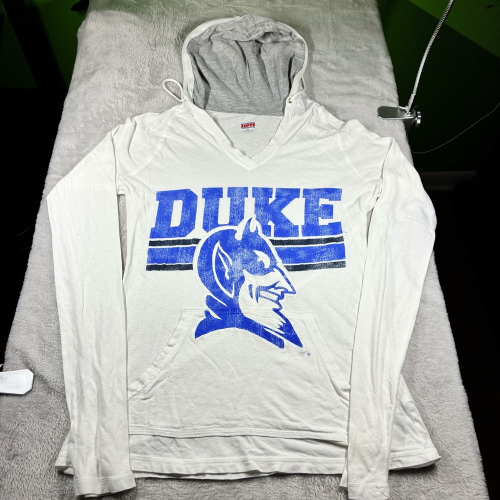 Soffe Duke Blue Devils Womens Medium White Long Sleeve Hooded T-Shirt V-Neck